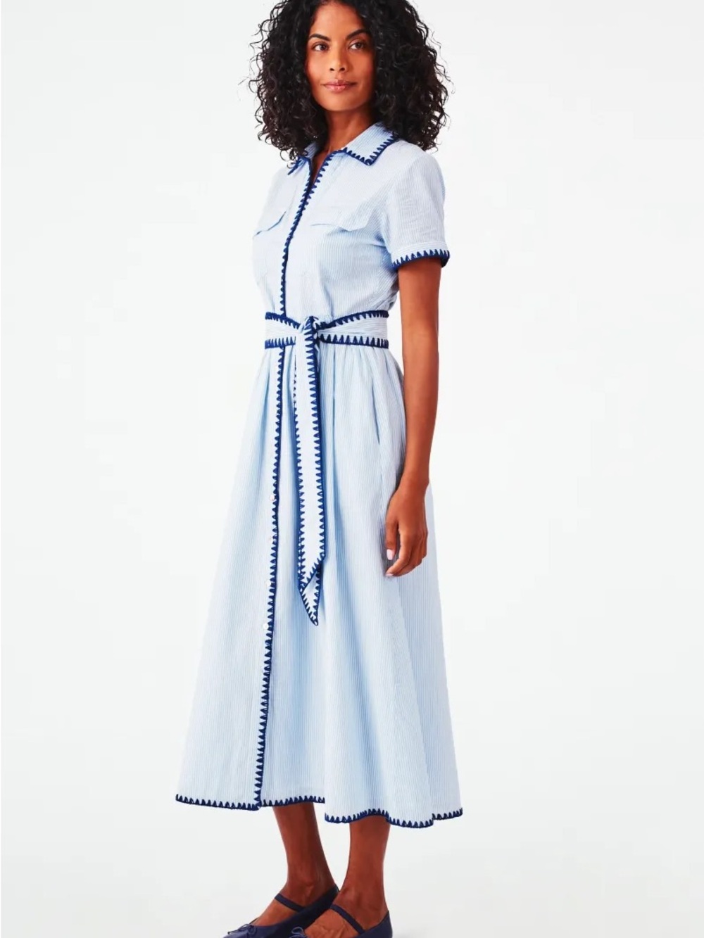 Roller Rabbit Blue Pinstripe Maxi Shirt Dress with Navy Trim